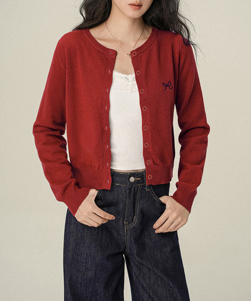 ワンポイントカーディガン リボン刺しゅう ニットトップス レディース 前開き ニットアウター クルーネック ニットセーター 韓国風 カジュアル ニット羽織 着回し 24TPS-052